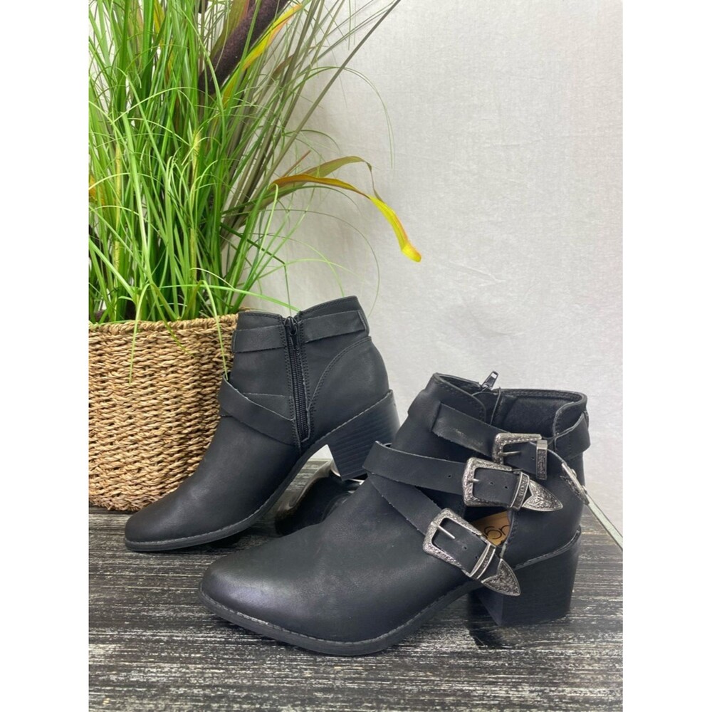 Sugar Black Bailey Zip Buckle Trim Block Heel Ankle Booties Boots 7